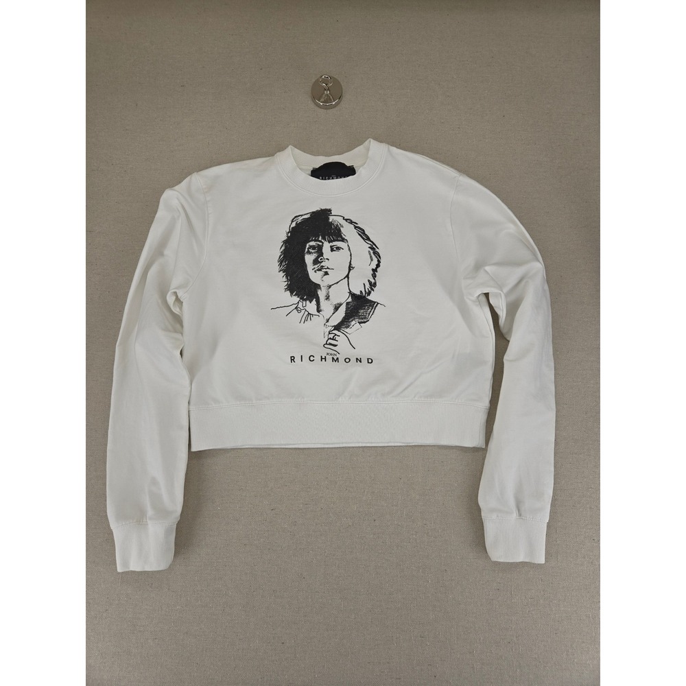 John Richmond Cropped Graphic Sweatshirt White Crewneck Streetwear Portrait Top